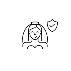 Bride, shield and checkmark. Protected ceremony, certified matrimonial standards, safe wedding arrangements. Pixel perfect, editable stroke vector icon