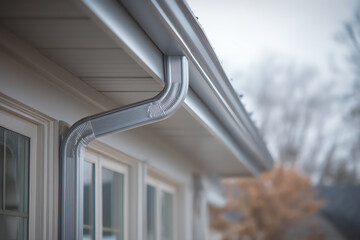Close-up of a metal rain gutter and downspout system attached to a house exterior, designed to direct rainwater away from the building’s foundation