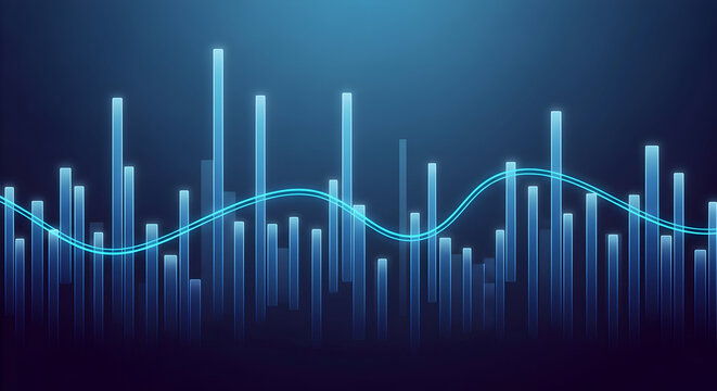 Dynamic glowing blue bar chart with oscillating line, representing financial data and market trends.