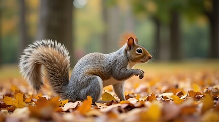 Eastern Grey Squirrel Foraging Amidst Vibrant Autumn Leaves