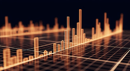 Dynamic glowing bar graph charts financial data growth trends on digital grid background