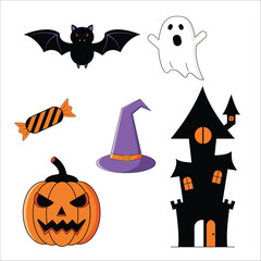  A cute Halloween flat 2D cartoon vector set including scary pumpkin, ghost, bat, witch hat, candy, and haunted house. Perfect for spooky holiday designs, posters, invitations, and seasonal graphics.