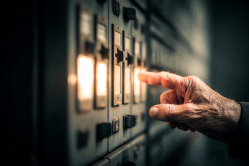 An elderly hand is pressing a switch on an industrial control panel illuminated with warm light, highlighting the intricate details of the hand and machinery