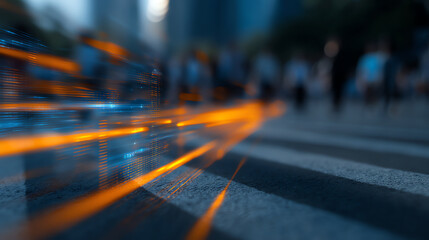 Blurred city street with futuristic glowing orange light trails crossing a pedestrian path, blending urban elements with digital data visualization effects