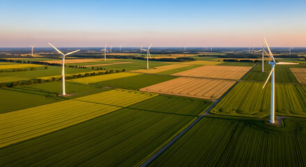 Vast wind farm powering sustainable future across sunlit agricultural fields at dusk