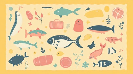 Cute fish and food illustration. Possible use children's book illustration