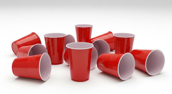 Numerous red plastic party cups, some upright and some tipped over, arranged casually for a gathering, in bright studio.