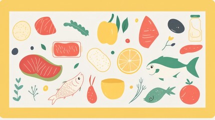 Colorful assortment of food items displayed on a white surface. Possible use Stock photo for healthy eating, diet, recipes, or food illustration