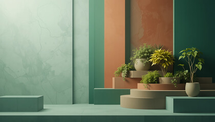 Modern Indoor Plant Display with Green and Terracotta Colored Wall Background