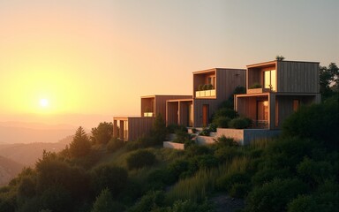 Modern eco-friendly houses on a hill at sunset. High quality