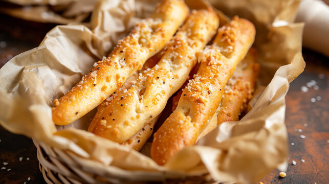 Garlic breadsticks with sesame seeds in paper-lined basket - Powered by Adobe