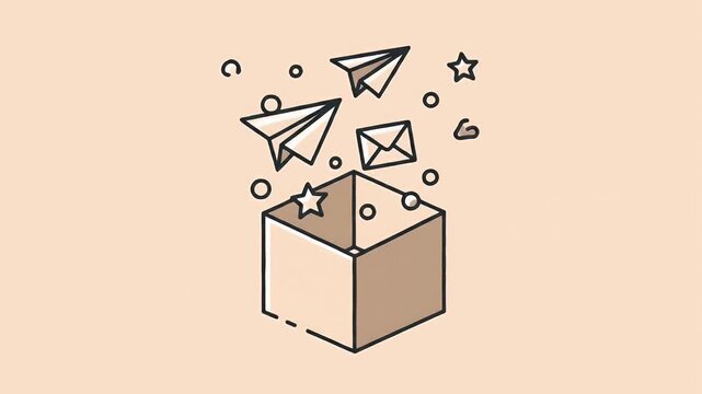 Open Box Releasing Paper Airplanes and Stars on a Soft Beige Background