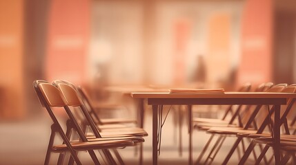 Community center multipurpose hall with folded tables, autumn evening amber glow, warm muted palette