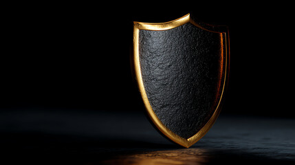 A black textured shield with a golden border stands upright against a dark background, symbolizing protection, strength, and security