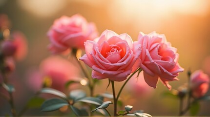 Soft Pink Roses Glowing in Warm Sunlight at Golden Hour