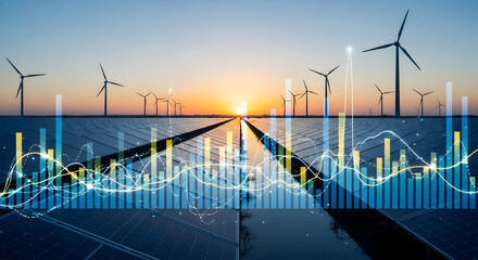 Dynamic renewable energy growth showcased with solar panels, wind turbines, and financial data visualization at sunset
