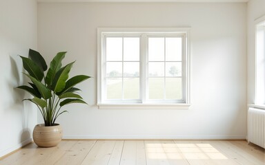 Fototapeta premium modern studio design sustainable concept. Bright, minimalist room with large windows and a potted plant. High quality