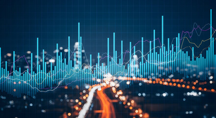 Dynamic financial growth data visualization with soaring bar charts and intricate line graphs over a city skyline