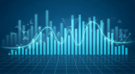 Dynamic financial growth chart with fluctuating trends presented on a modern blue digital grid background