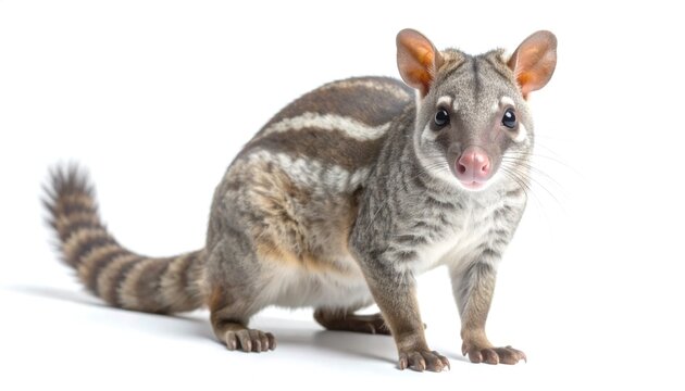 African Civet standing alert with striped markings on a white background