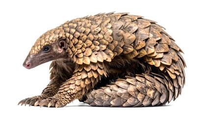 Fototapeta premium Pangolin curled up showing its scales on a white backdrop
