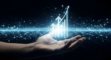 Hand holding glowing digital growth chart with upward arrows and network connections
