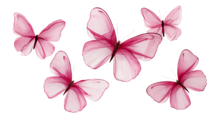 Five pink transparent butterflies flying on white background.