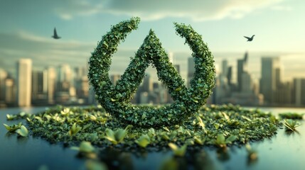 Green foliage logo, urban backdrop, sustainable design, environmental concept