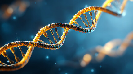 Close-up 3D rendering of a glowing DNA double helix strand against a blurred blue background, highlighting molecular structure and genetic information