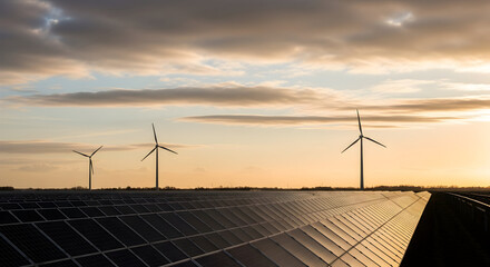 Vast solar panel farm powering a sustainable future with wind turbines against a golden sunset sky