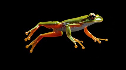 Fototapeta premium Green frog jumping isolated on black background