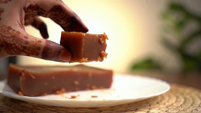 Hand Holding a Piece of Brown Halva with Henna on White Plate Close Up