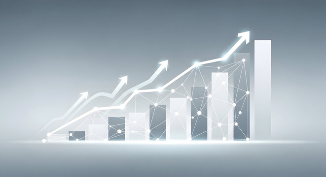 Dynamic financial growth chart with upward trending arrows and network connections signifying progress