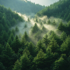 Misty Green Forest Sunrise: Sunlight Through Fog