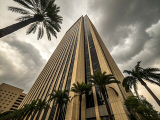 Tall city tower with palm trees and urban view