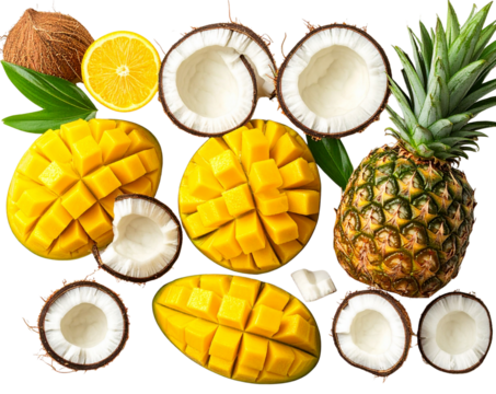 Top-Down Tropical Fruit Spread with Mango, Pineapple, Coconut, and Banana, isolated on transparent background - Powered by Adobe