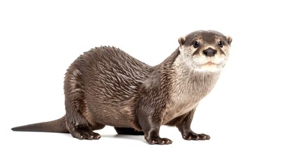 Alert otter standing attentively on a clean white background