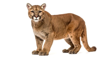Mountain lion standing alert looking forward isolated on white