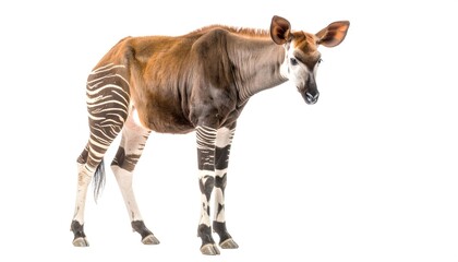 Okapi standing attentively with striped legs on a plain background