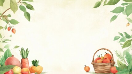 Fresh fruit harvest basket, garden border,  white space, food blog