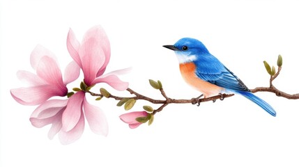 Spring illustration of blue bird and pink magnolia branch, serene composition