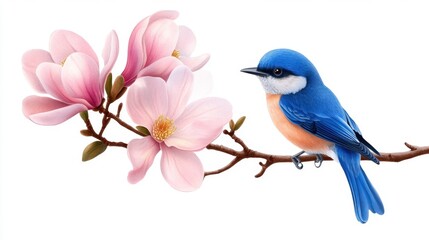 Spring illustration of blue bird and pink magnolia branch, serene composition