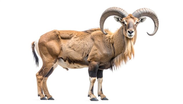 Male urial sheep standing majestically with large curved horns isolated on white