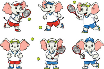 Cartoon elephant characters playing tennis in sports outfit with racket and ball, funny animal athlete mascot vector illustration for kids design
