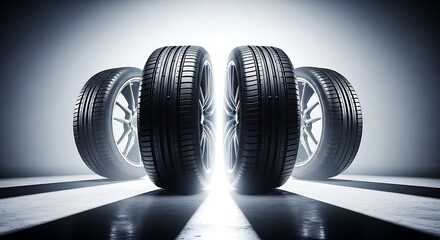 Four car tires arranged in a row with dramatic lighting