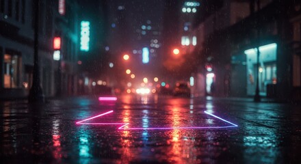 A wet city street at night, illuminated by vibrant neon pink and turquoise lights, showcasing directional markers on the rain-slicked pavement.