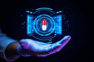 Futuristic medical capsule displayed on glowing digital interface medicine healthcare