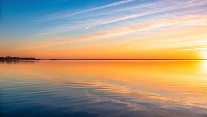 Naklejka premium Serene Sunset Over Calm Water with Vibrant Orange and Blue Sky Reflection image photo