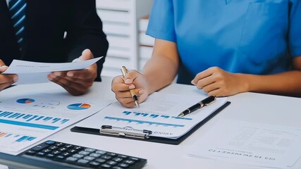 Colleagues review financial reports - Powered by Adobe