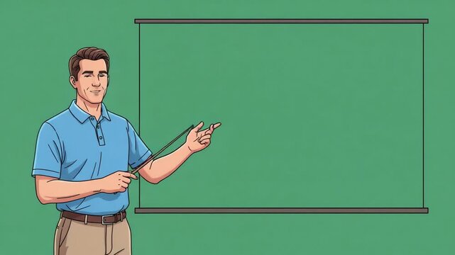 Animated teacher character presents information on a blank green board with a pointer, perfect for educational videos and presentations